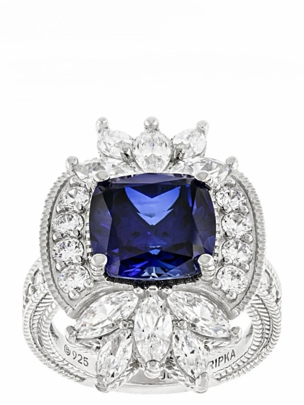 Judith Ripka Lab Blue Sapphire & CZ Rhodium Over Sterling Silver Ring, Size 6